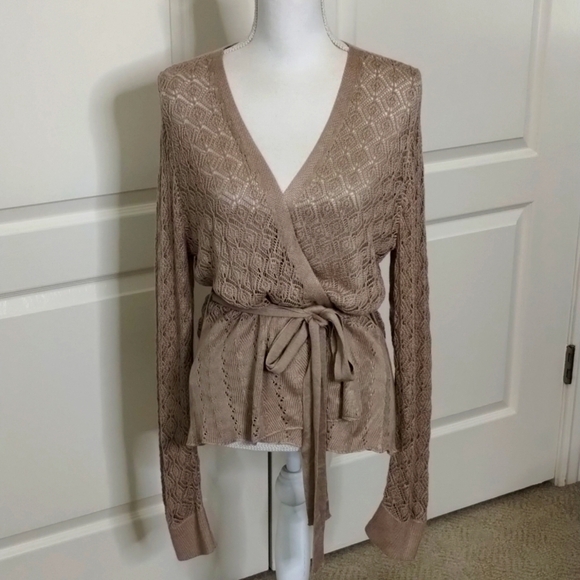 Grace Karin Taupe Open layer sweater with waist tie crochet long sleeve size XL - Picture 1 of 11